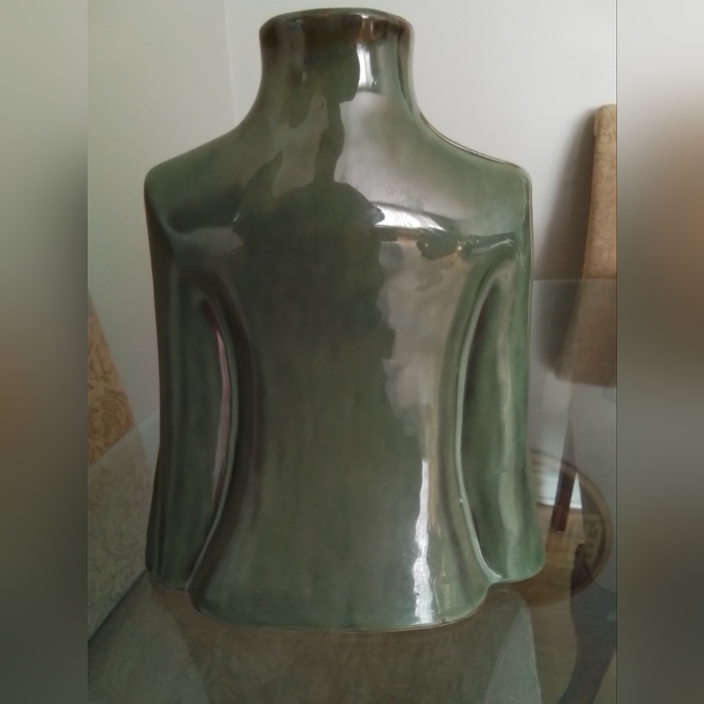 Decorative Olive Green Ceramic Jacket Vase with Red Accents - Picture 2 of 3